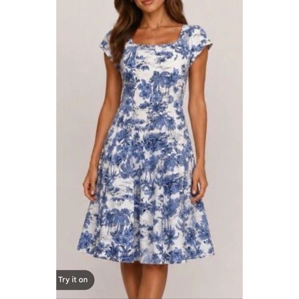 Joie White Tropical Toile Print Fit & Flare Midi Dress Size 2
